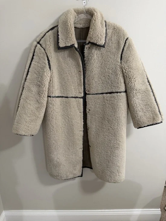 Something Navy Beige Cream Faux Shearling Teddy Coat with Contrast Trim - Picture 4 of 7